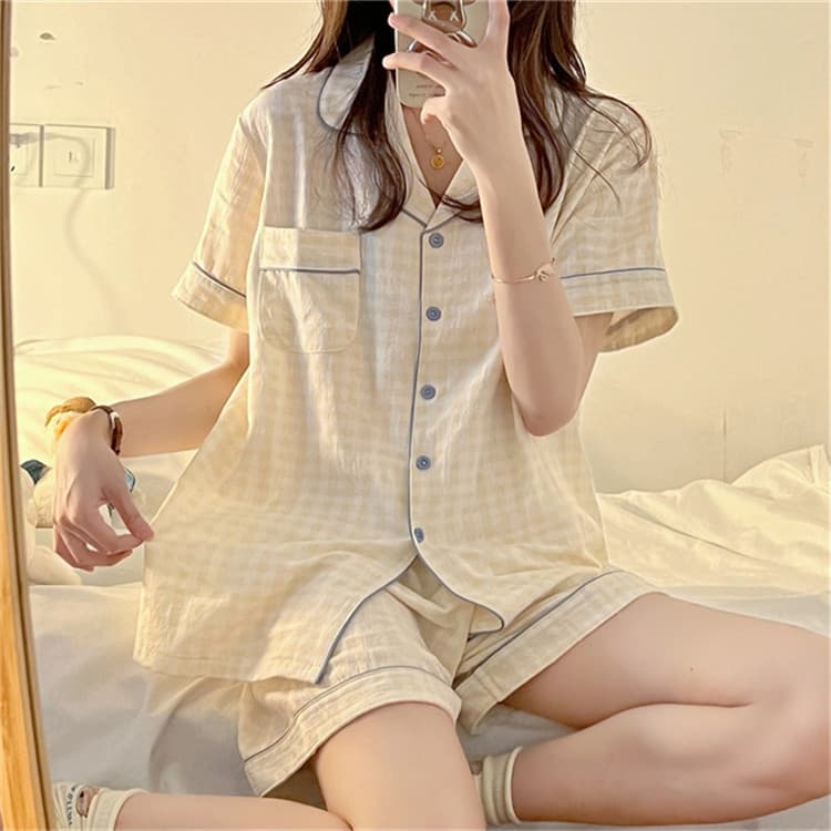 ルームウェア チェック柄レース付き可愛いパジャマセット