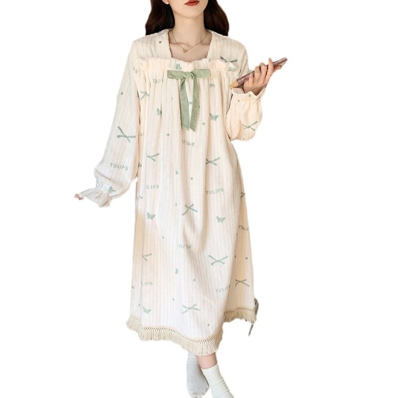 ルームウェア 可愛いリボン付きワンピース型パジャマ