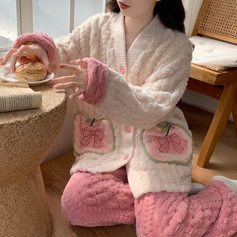 ルームウェア 暖かもこもこパジャマ上下セット5色展開