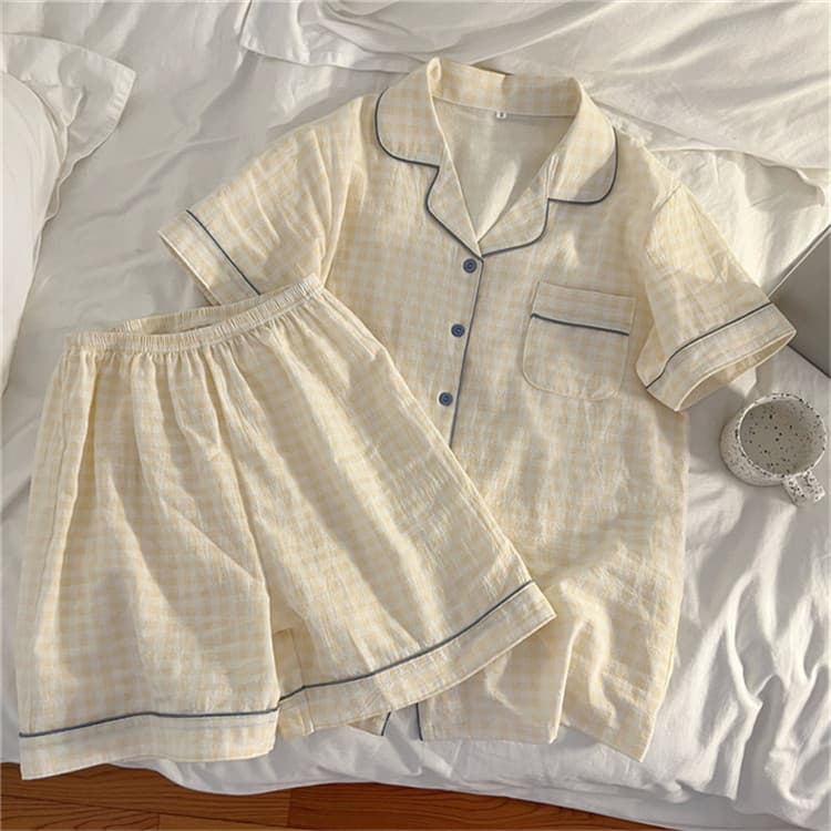 ルームウェア チェック柄レース付き可愛いパジャマセット