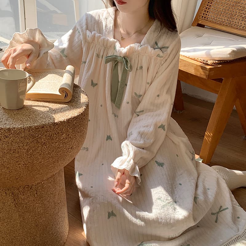 ルームウェア 可愛いリボン付きワンピース型パジャマ