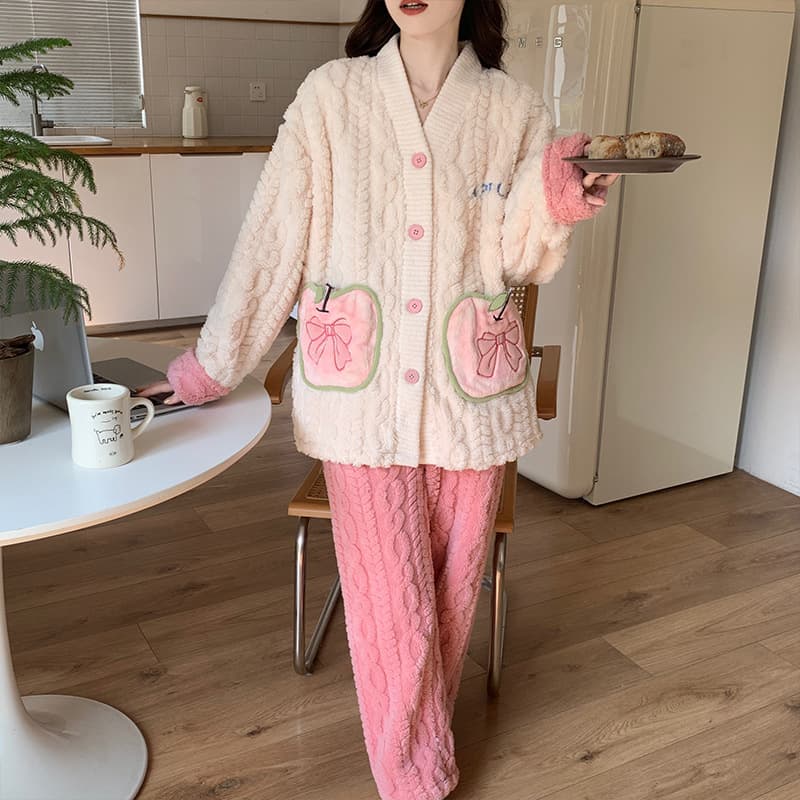 ルームウェア 暖かもこもこパジャマ上下セット5色展開