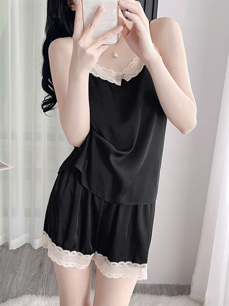 レース縁取りキャミソールとショートパンツセット レディース ルームウェア