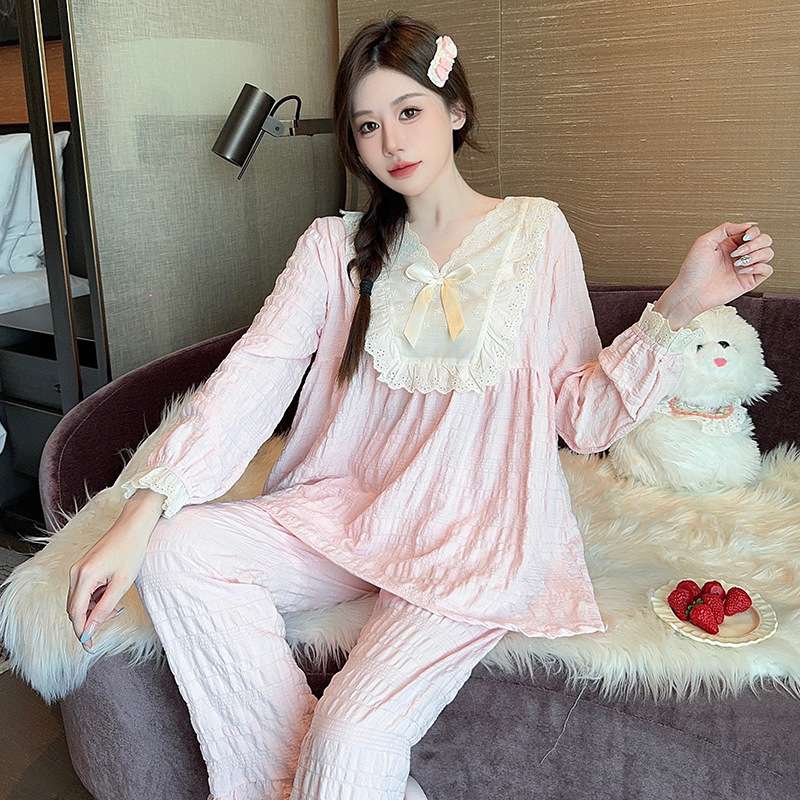 フリルレース付きリボン結びパジャマセット レディース ルームウェア