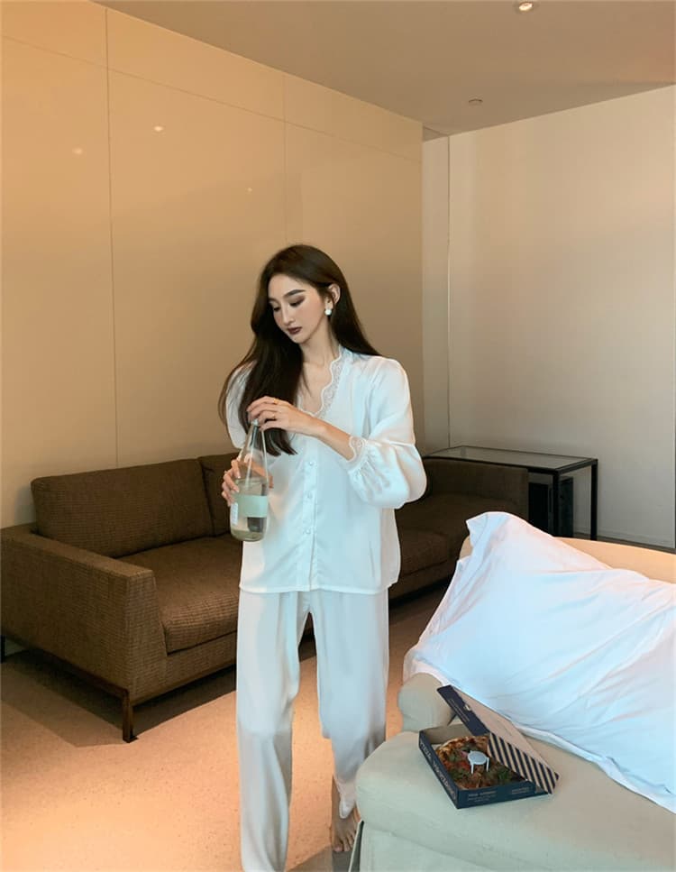 ルームウェア レース縫付ブイネックパジャマセット上下