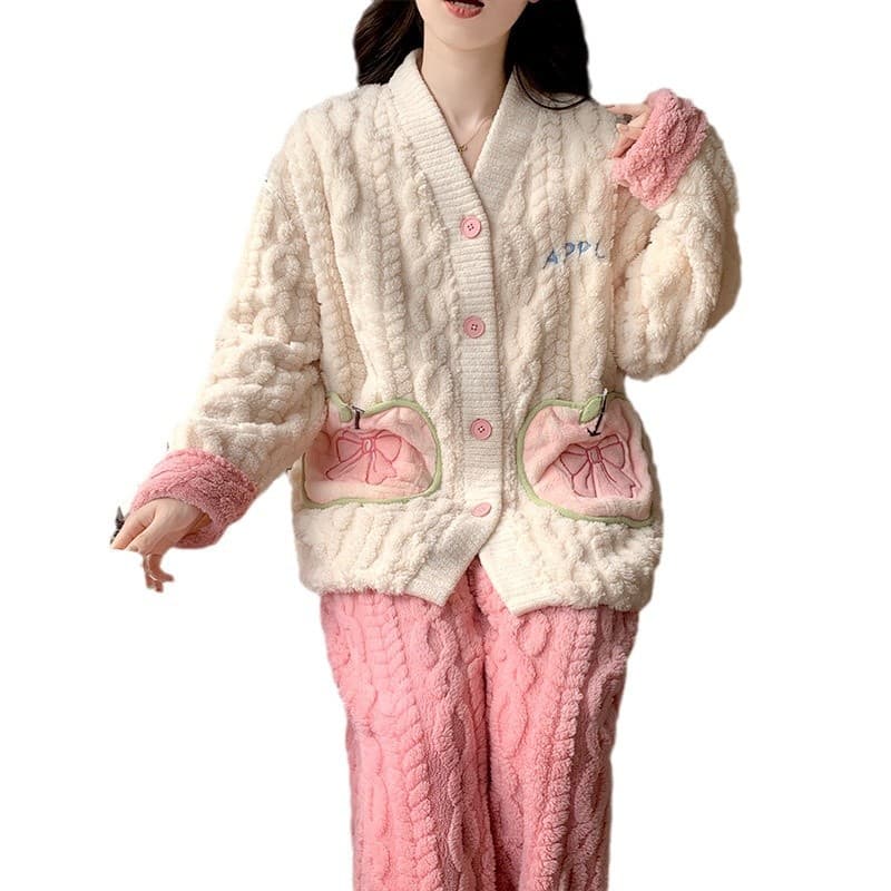 ルームウェア 暖かもこもこパジャマ上下セット5色展開