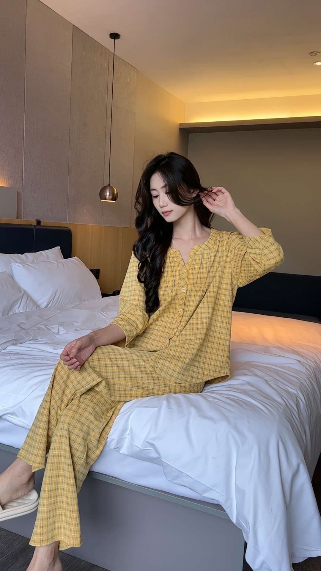 春夏向けチェック柄パジャマセット レディース ルームウェア