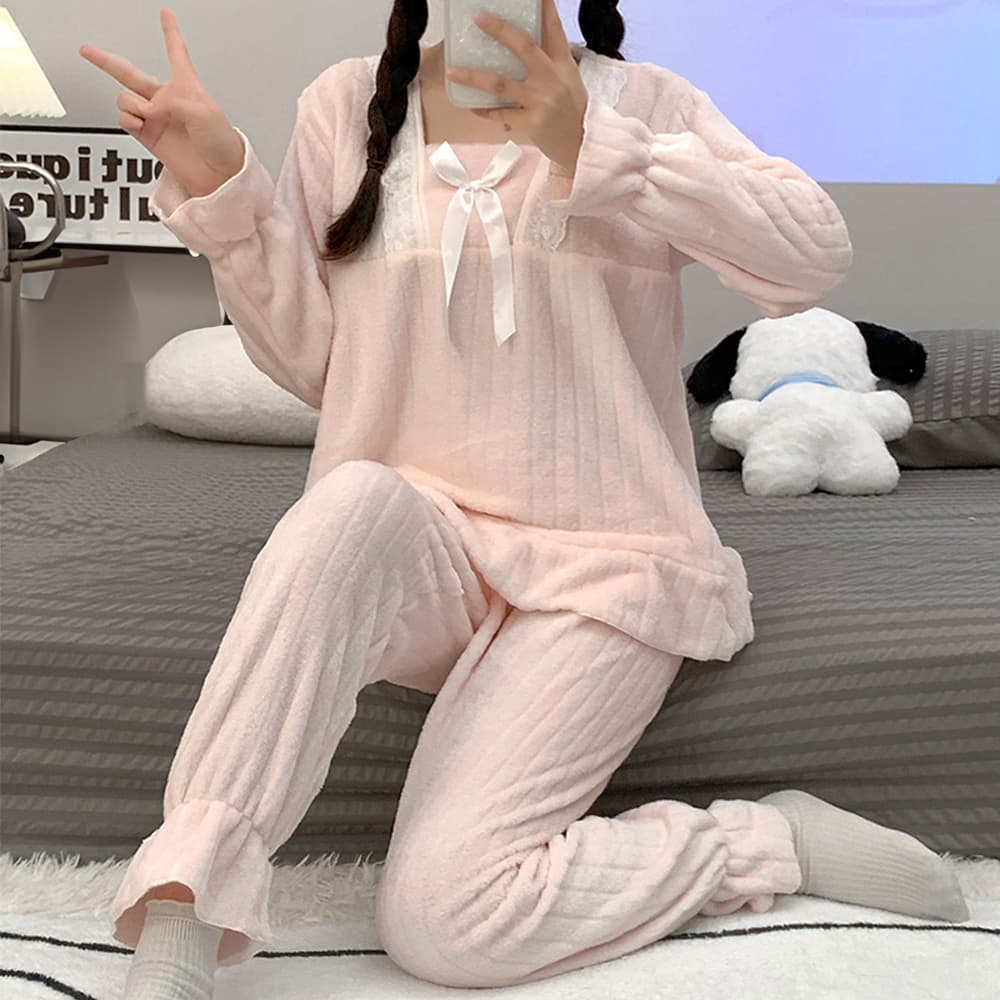 ふわふわリボン柄パジャマ上下セット 可愛いルームウェア