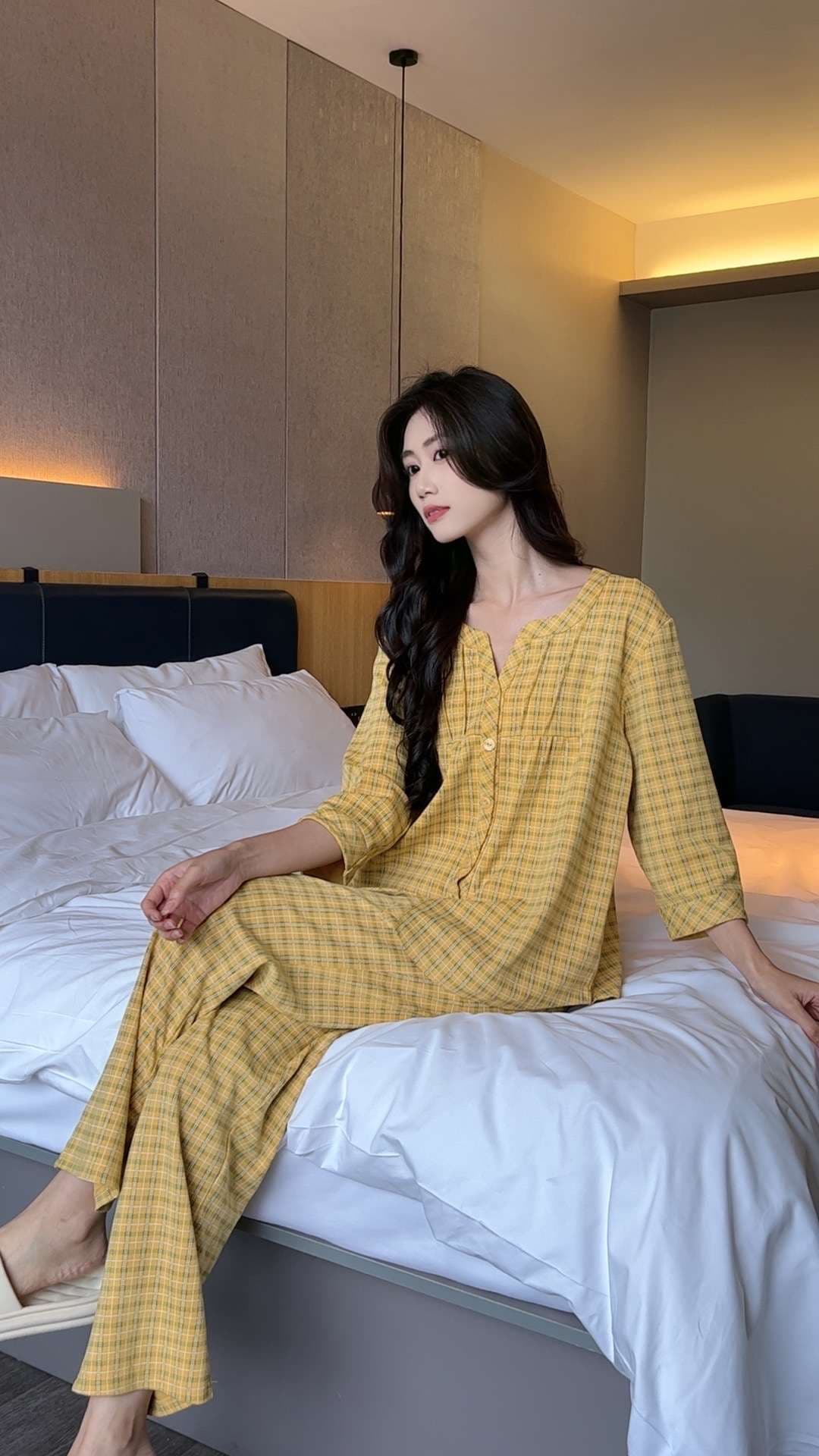 春夏向けチェック柄パジャマセット レディース ルームウェア