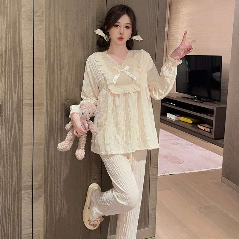 フリルレース付きリボン結びパジャマセット レディース ルームウェア