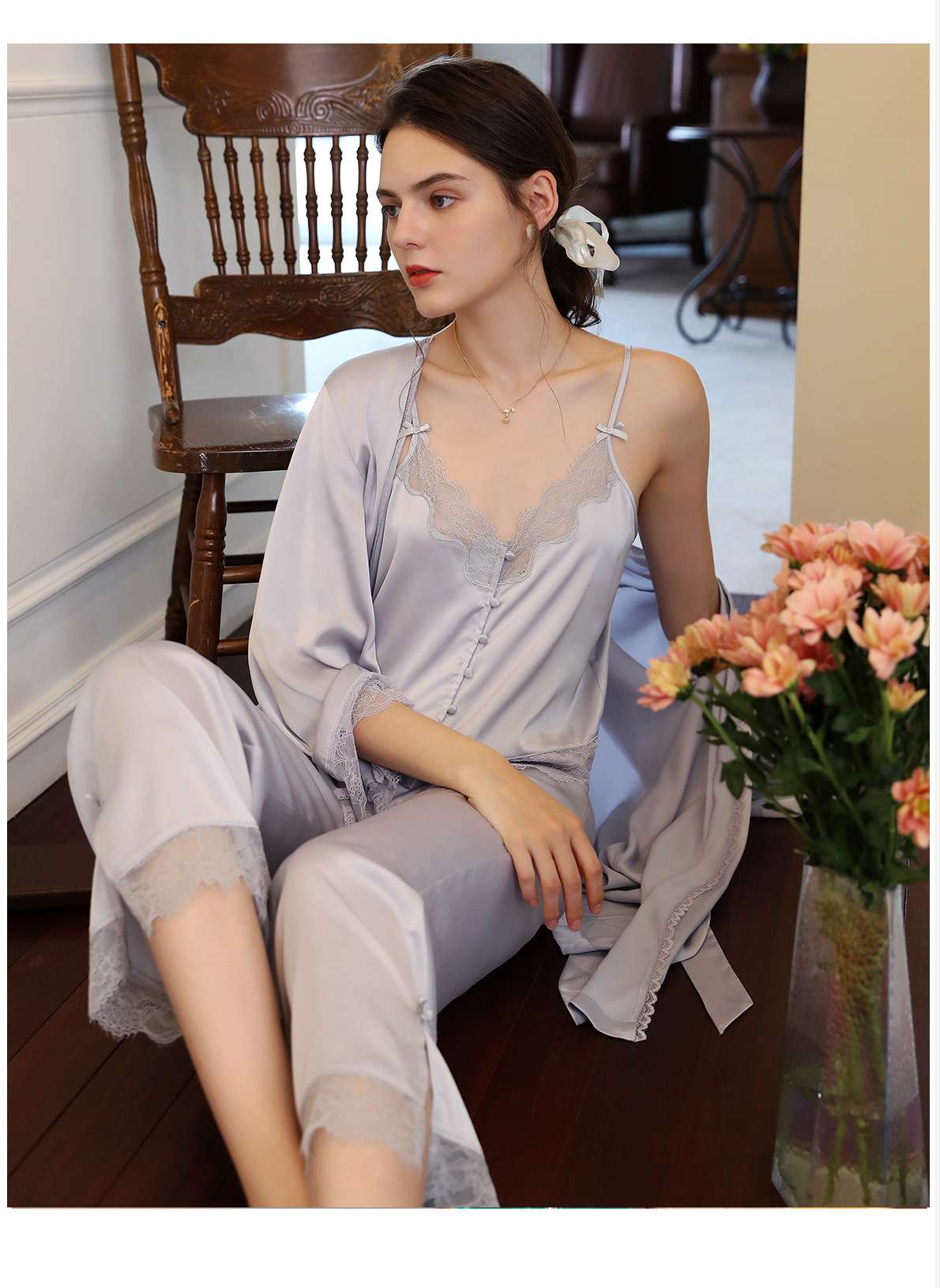 レース付きシルク調ロングキャミソール レディース ルームウェア