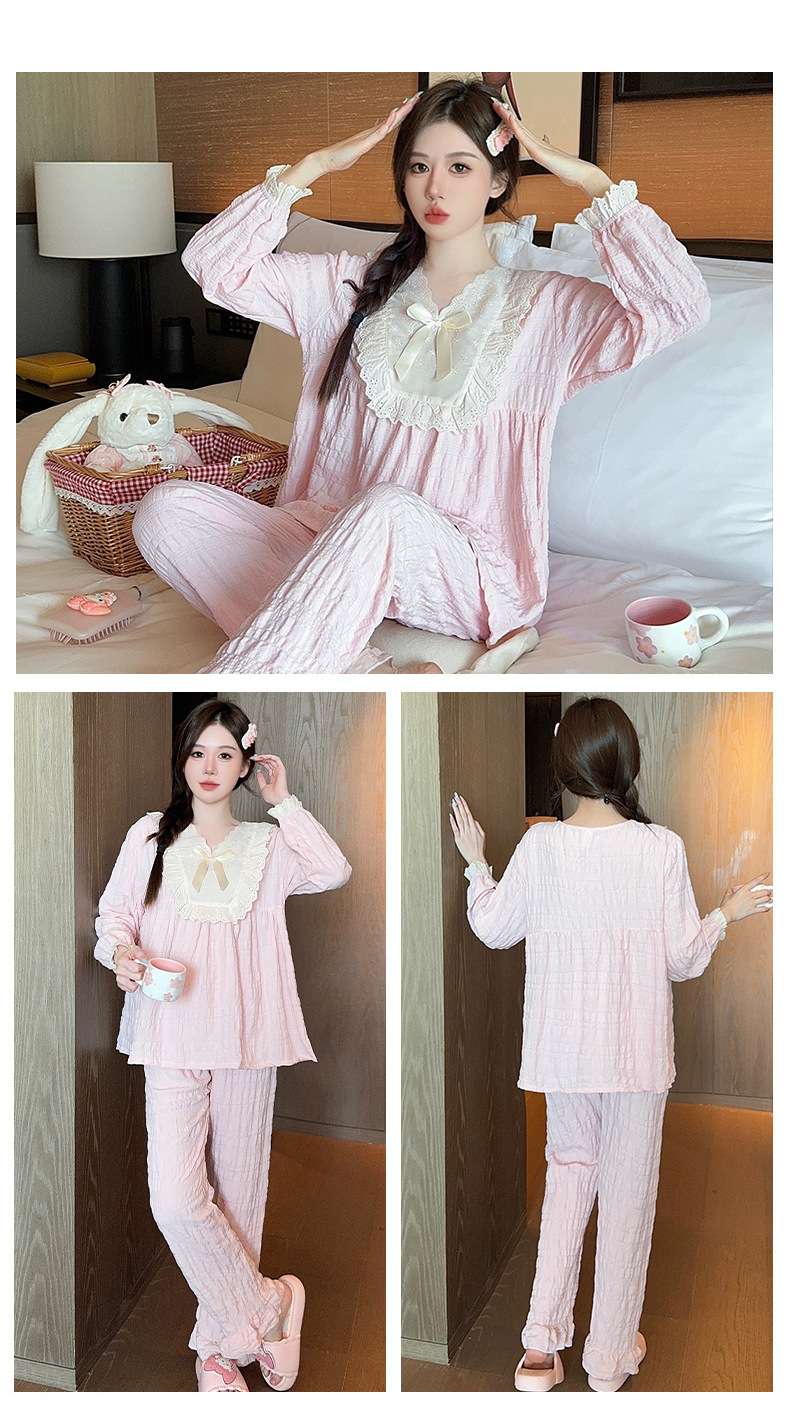 フリルレース付きリボン結びパジャマセット レディース ルームウェア