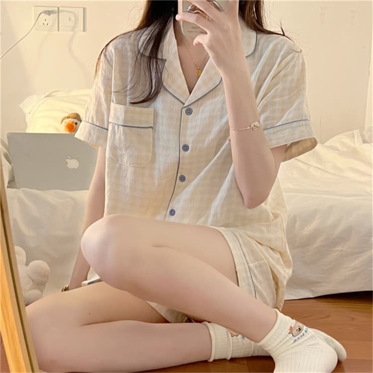 ルームウェア チェック柄レース付き可愛いパジャマセット