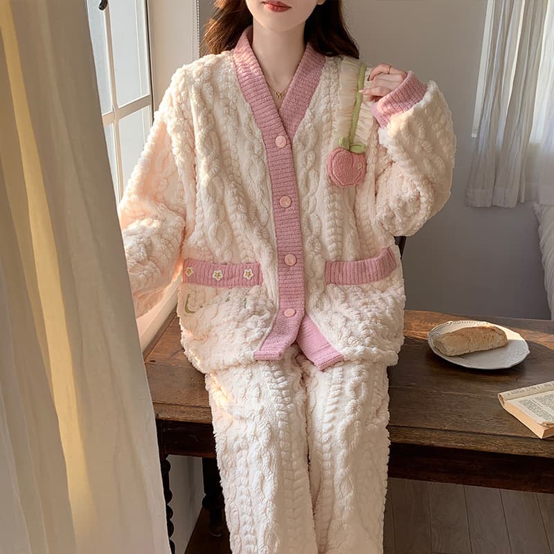 ルームウェア 暖かもこもこパジャマ上下セット5色展開